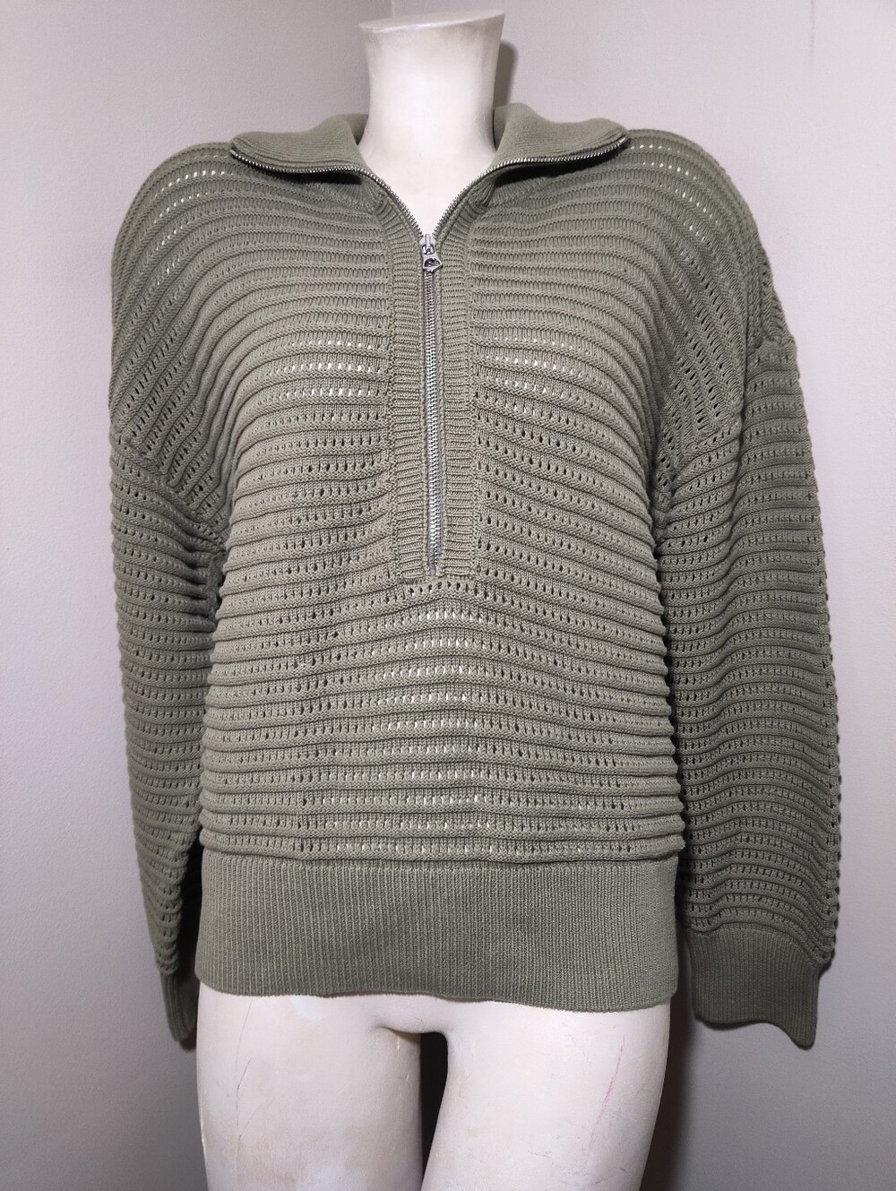 VARLEY Tara Pointelle Half-Zip Cotton Knit Sweater Sage Green XL - Picture 3 of 13